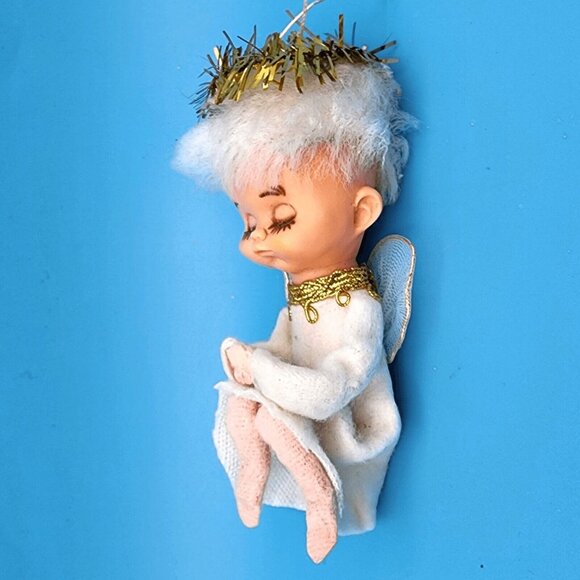 Vintage 1950s Pixie Angel Knee Hugger Ornament Felt Sleepy Eyes Tulle Wings - Picture 4 of 9
